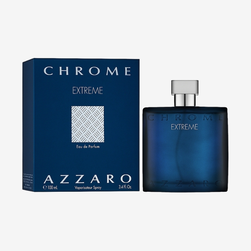 Azzaro Chrome Extreme men’s perfume bottle in dark blue with elegant packaging