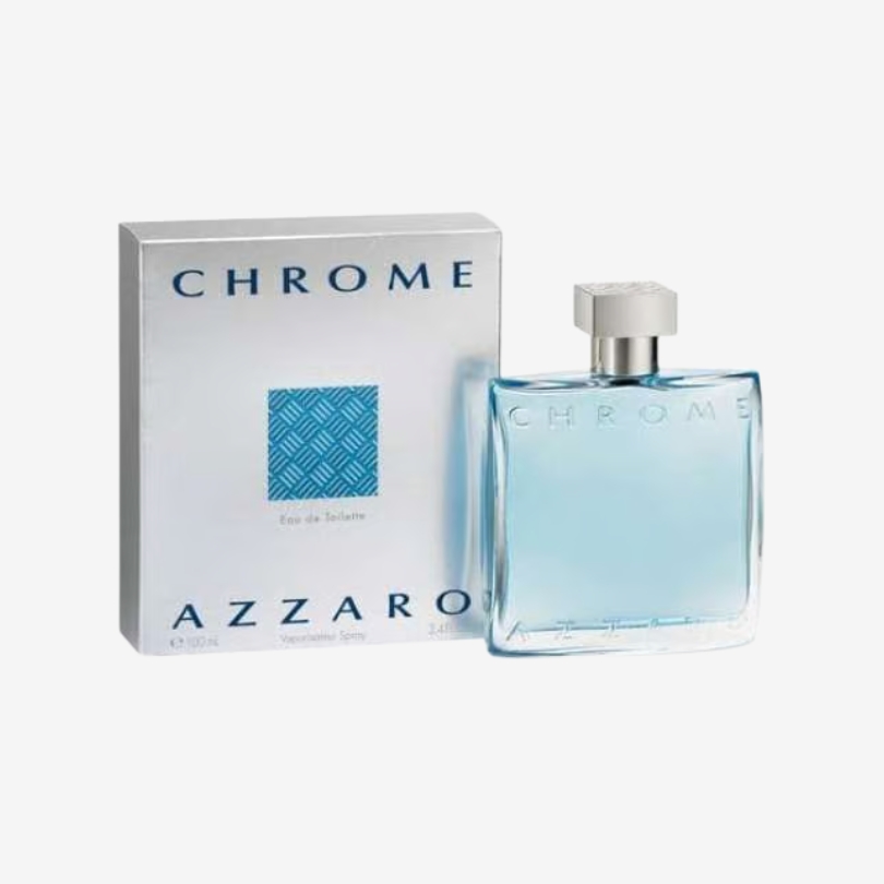 Azzaro Chrome men’s perfume bottle with sleek blue design and silver cap