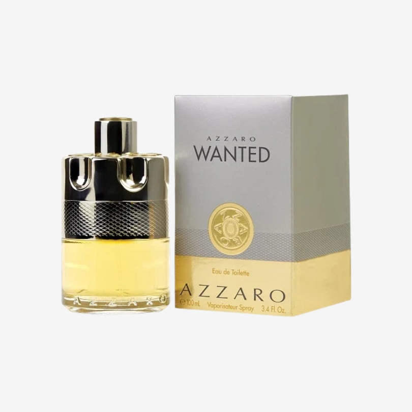 Azzaro Wanted Eau de Toilette bottle with bold gold and silver design for men