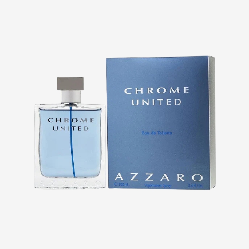 Azzaro Chrome United men’s perfume bottle with sleek blue design and minimalist style