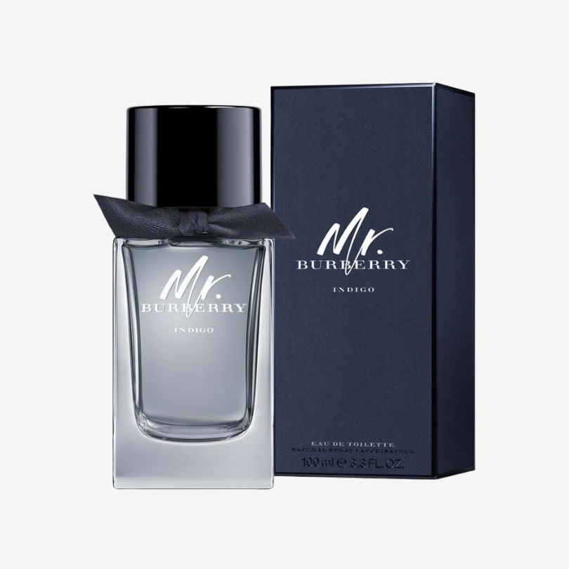 Mr. Burberry Indigo perfume bottle with dark blue glass and elegant masculine design
