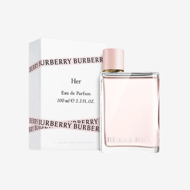 Burberry Her Eau de Parfum bottle with soft pink liquid and sleek feminine design