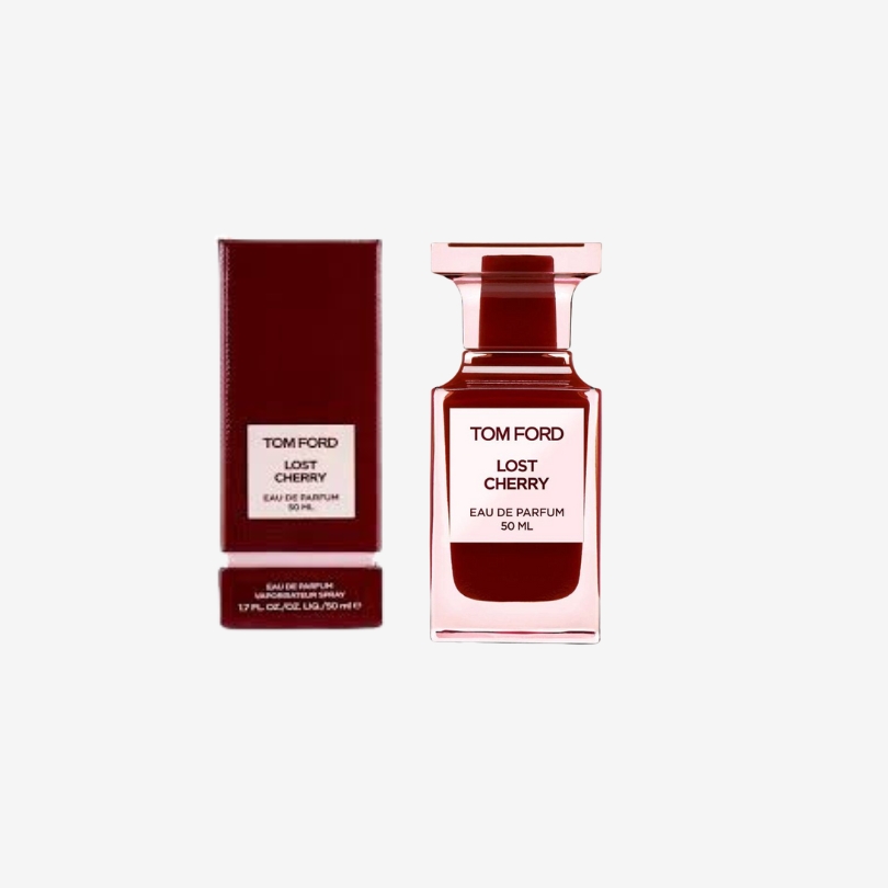 Tom Ford Lost Cherry perfume bottle in deep red glass with elegant black cap