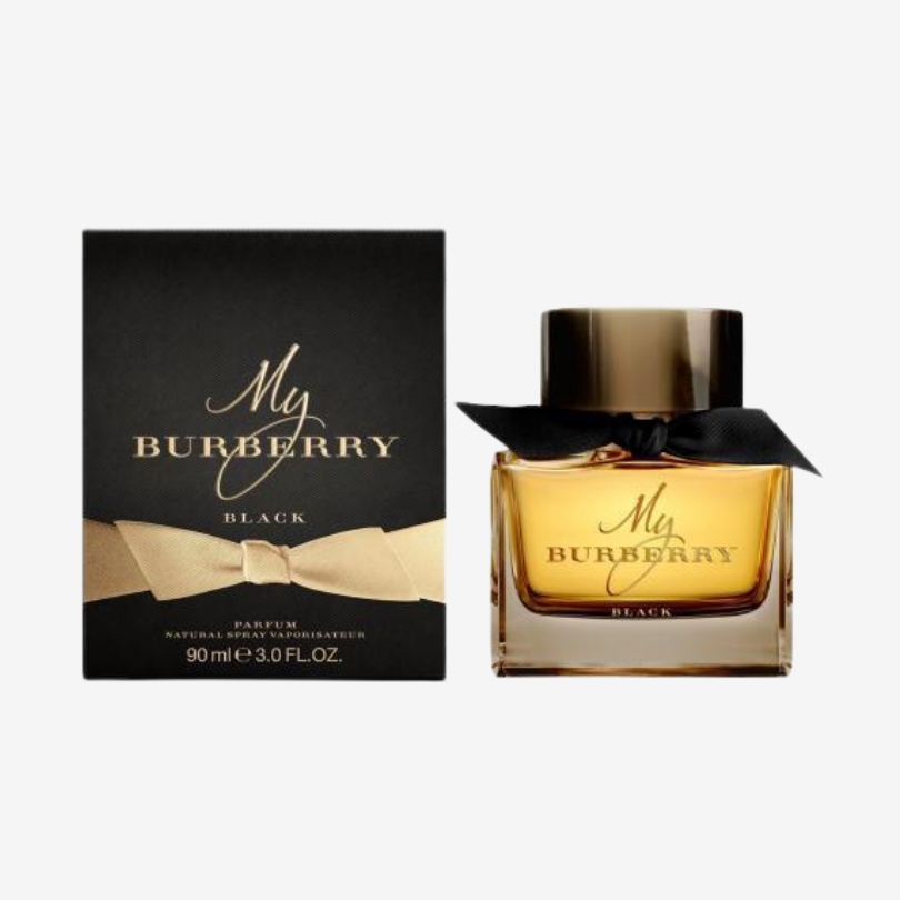 My Burberry Black perfume bottle with dark amber liquid and signature black ribbon