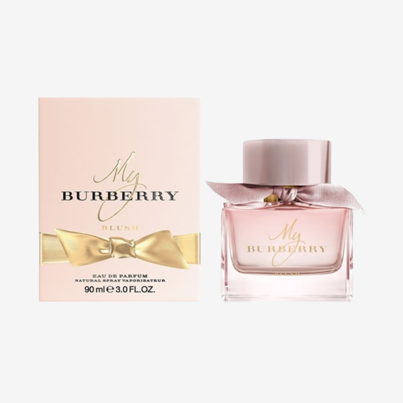 My Burberry Blush perfume bottle with soft pink liquid and elegant bow detail