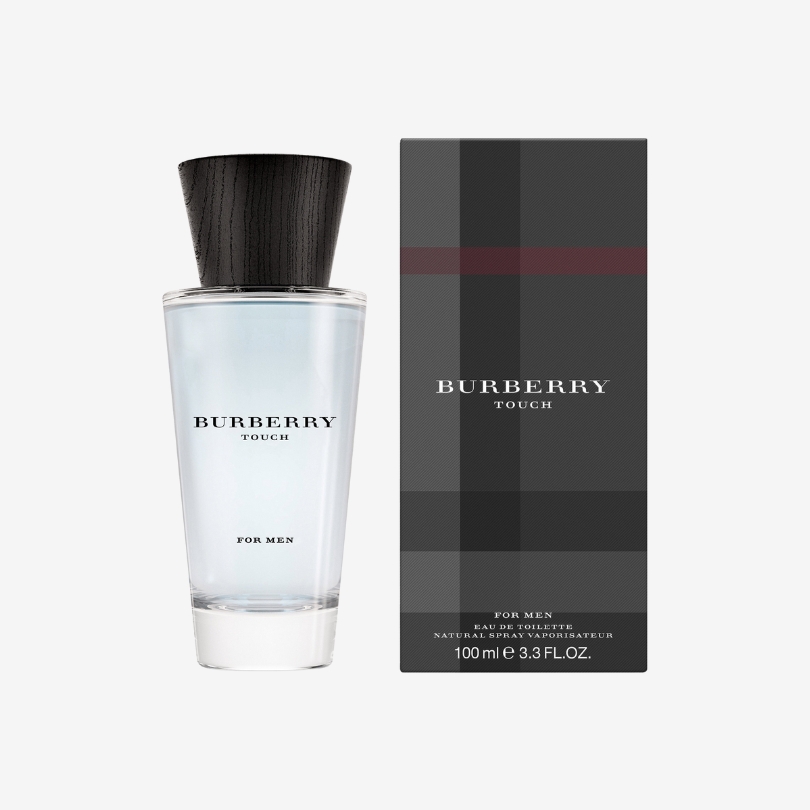 Burberry Touch for Men perfume bottle with minimalist clear design and wooden cap