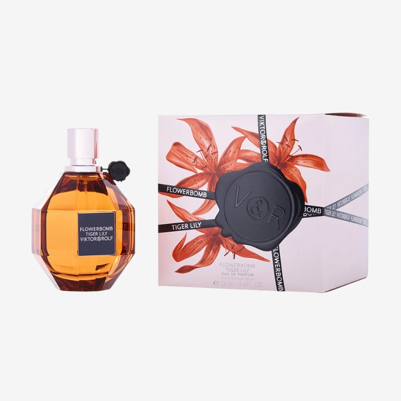 Flowerbomb Tiger Lily perfume bottle with amber-toned liquid and signature grenade design