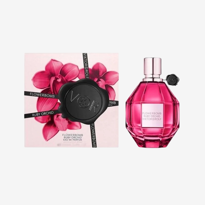 Flowerbomb Ruby Orchid perfume bottle with deep pink liquid and elegant grenade-shaped design