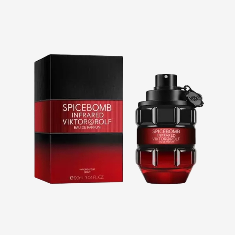 Spicebomb Infrared perfume bottle with deep red gradient glass and grenade-inspired design