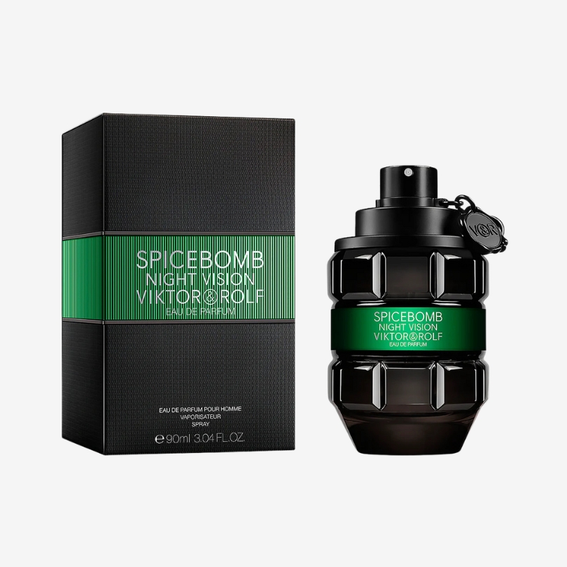 Spicebomb Night Vision perfume bottle with dark green gradient and bold grenade-style design