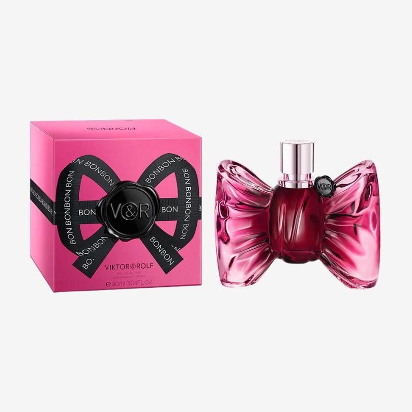 Viktor&Rolf Bonbon perfume bottle shaped like a glossy pink bow with elegant candy-like design