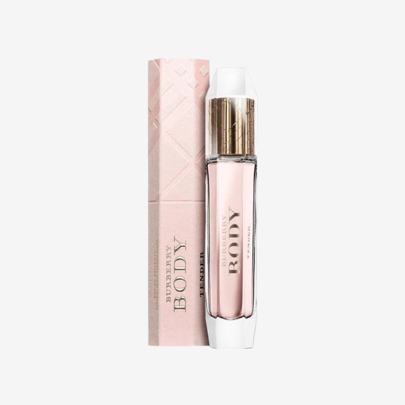 Burberry Body Tender perfume bottle with tall, sleek glass design and soft pink fragrance