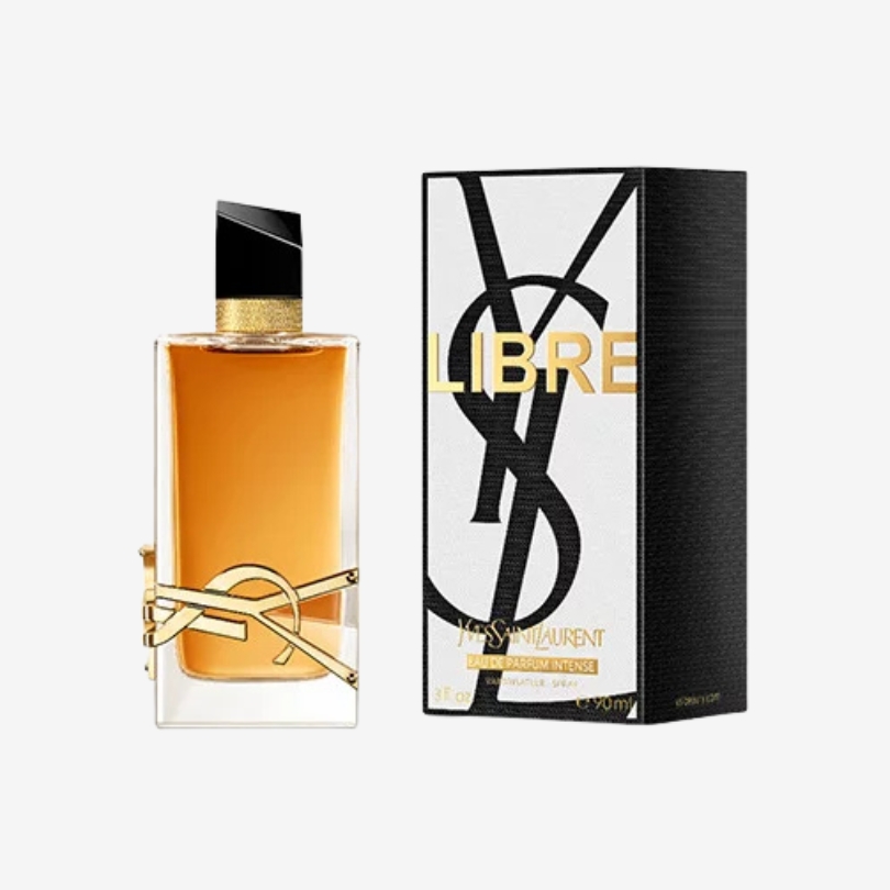 YSL Libre Intense perfume bottle with golden accents and deep amber liquid in a bold, modern design