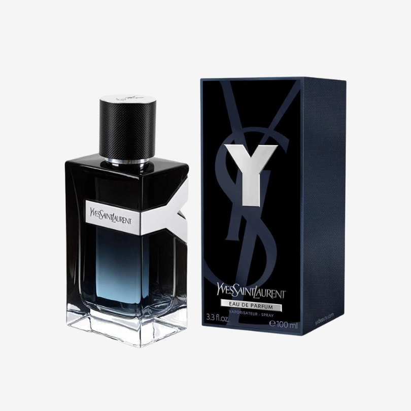 YSL Y Eau de Parfum bottle with sleek dark gradient glass and silver Y logo — bold and modern design