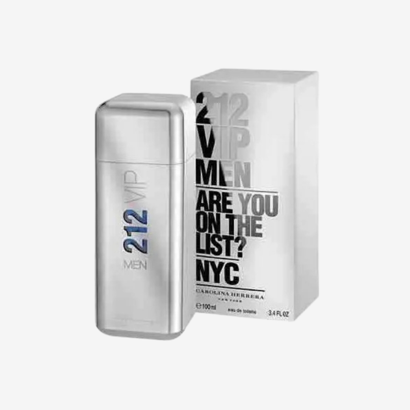 212 VIP Men perfume bottle in sleek metallic silver design with bold, modern lines