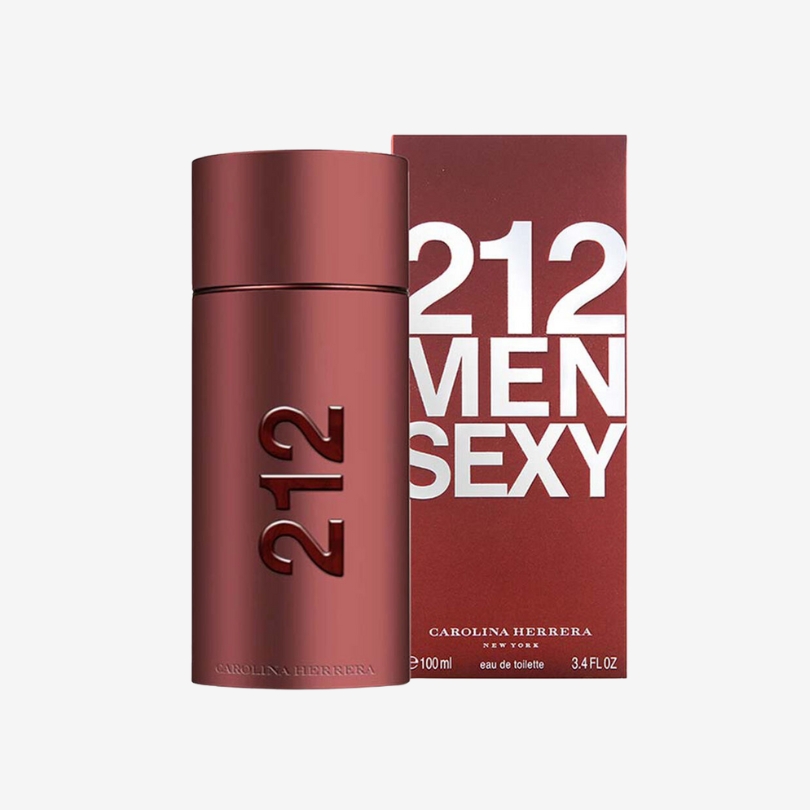 212 Sexy Men perfume bottle in matte metallic finish with sleek and modern cylindrical design