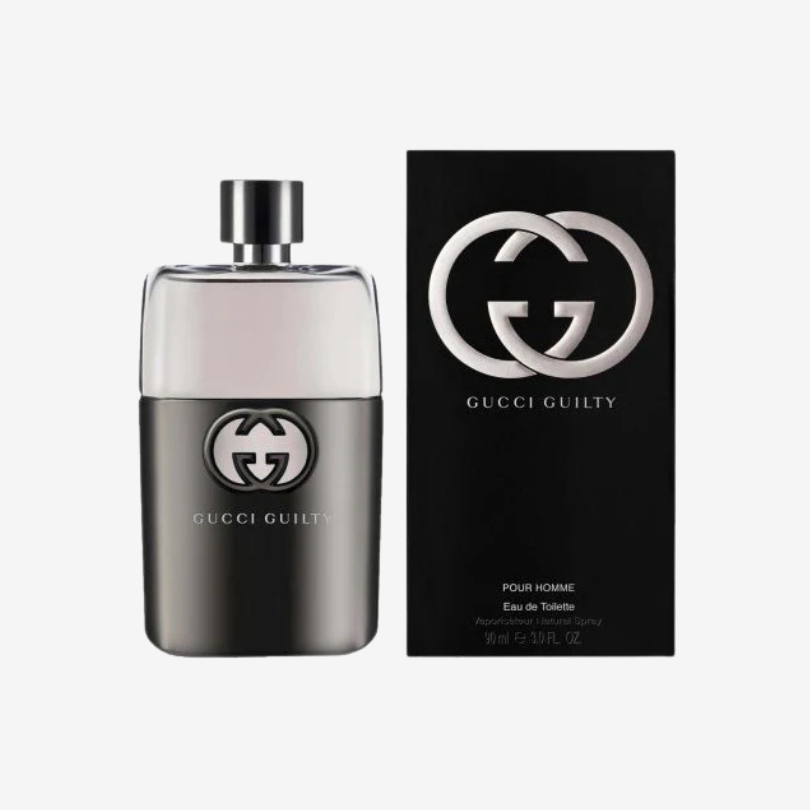 Gucci Guilty Pour Homme perfume bottle with sleek silver and glass design and iconic interlocking G logo