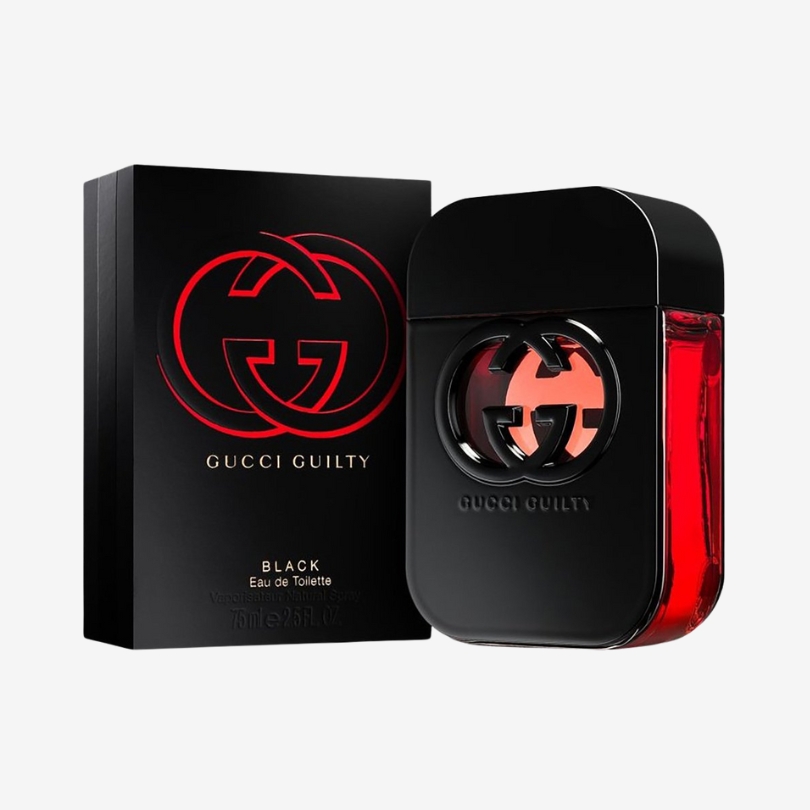 Gucci Guilty Black Pour Femme perfume bottle with bold black and red design and iconic Gucci logo