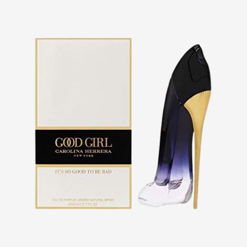 Good Girl Légère perfume bottle shaped like a high heel with gradient black-to-clear glass design