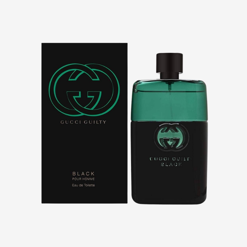 Gucci Guilty Black Pour Homme perfume bottle in bold black and green design with modern masculine style