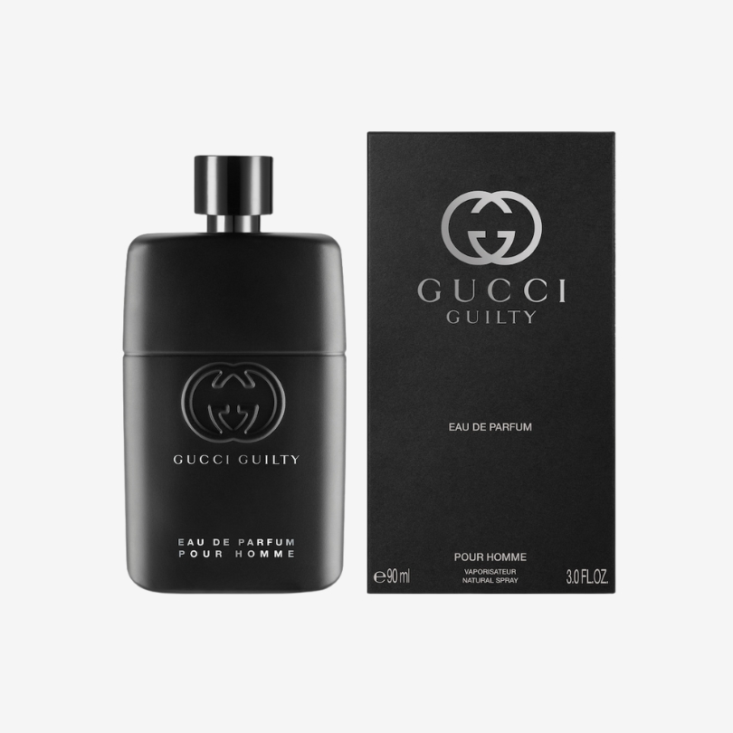 Gucci Guilty Pour Homme Parfum bottle with matte black finish and iconic Gucci logo design