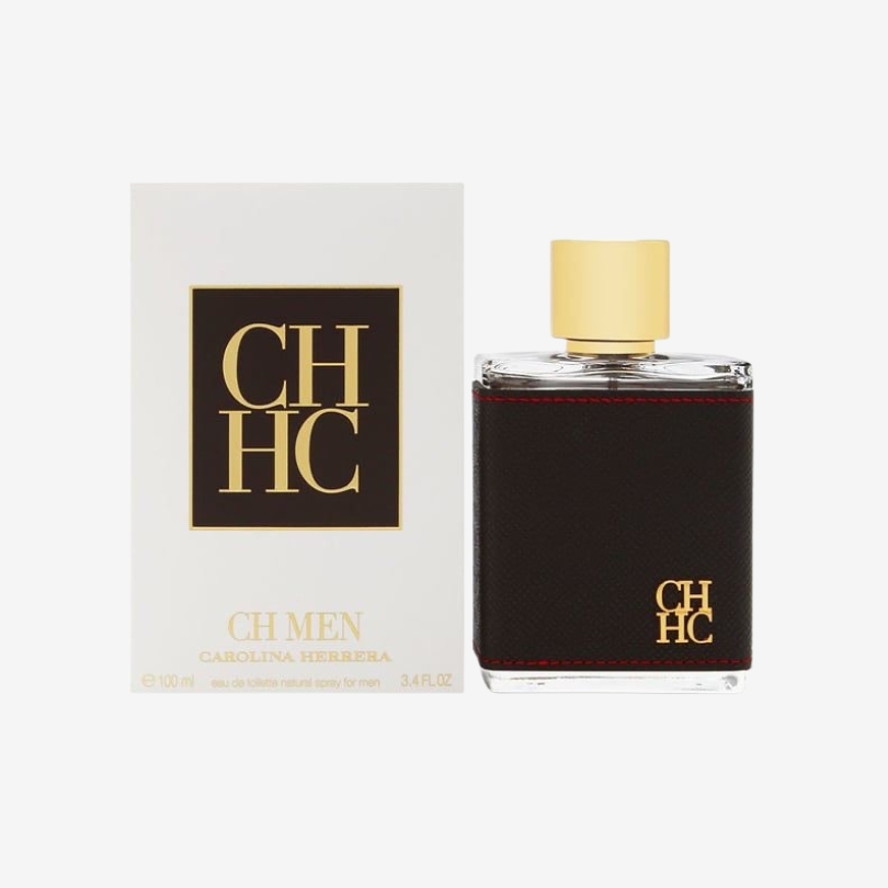 CH Men Eau de Toilette bottle wrapped in dark brown leather with metallic CH logo and silver cap