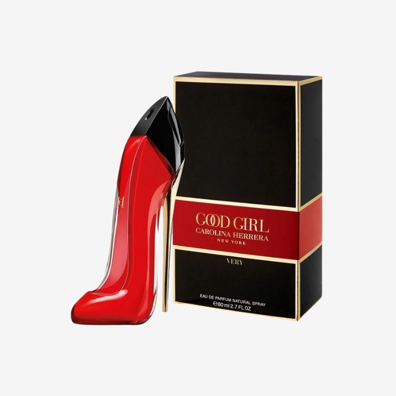 Very Good Girl perfume bottle shaped like a red stiletto high heel with golden heel detail