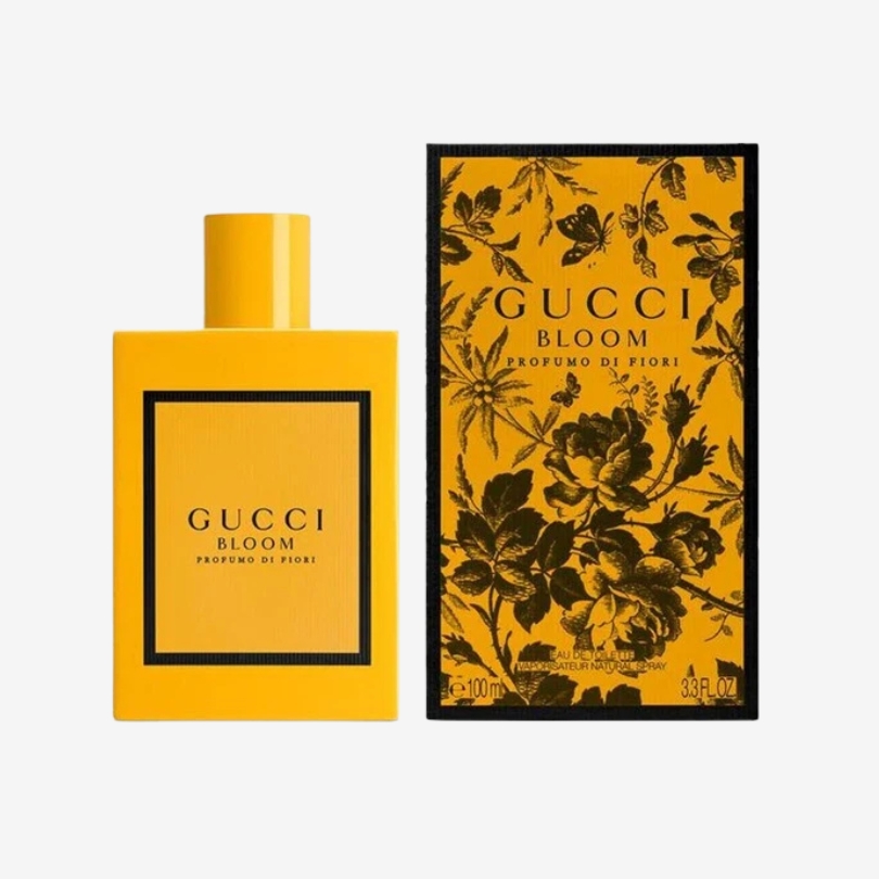 Gucci Bloom Profumo Di Fiori perfume bottle in matte yellow with elegant, minimalist floral design