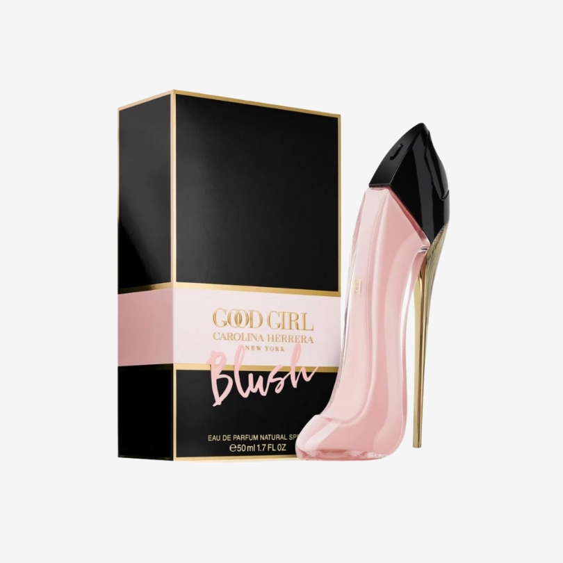 Good Girl Blush perfume bottle shaped like a soft pink stiletto heel with gold accents