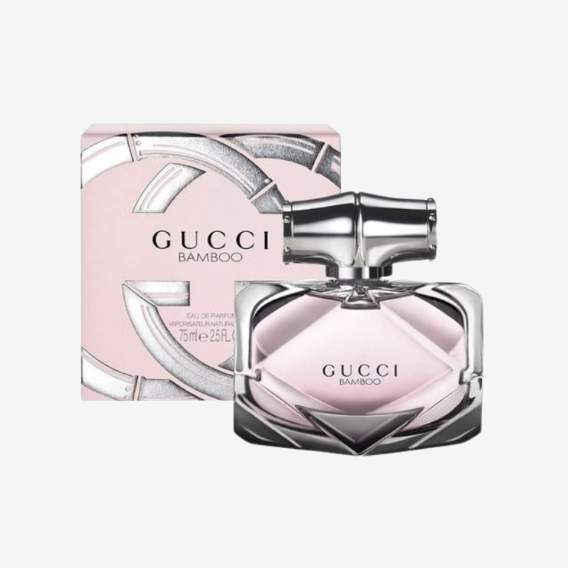 Gucci Bamboo perfume bottle with elegant faceted glass and sleek silver cap shaped like bamboo