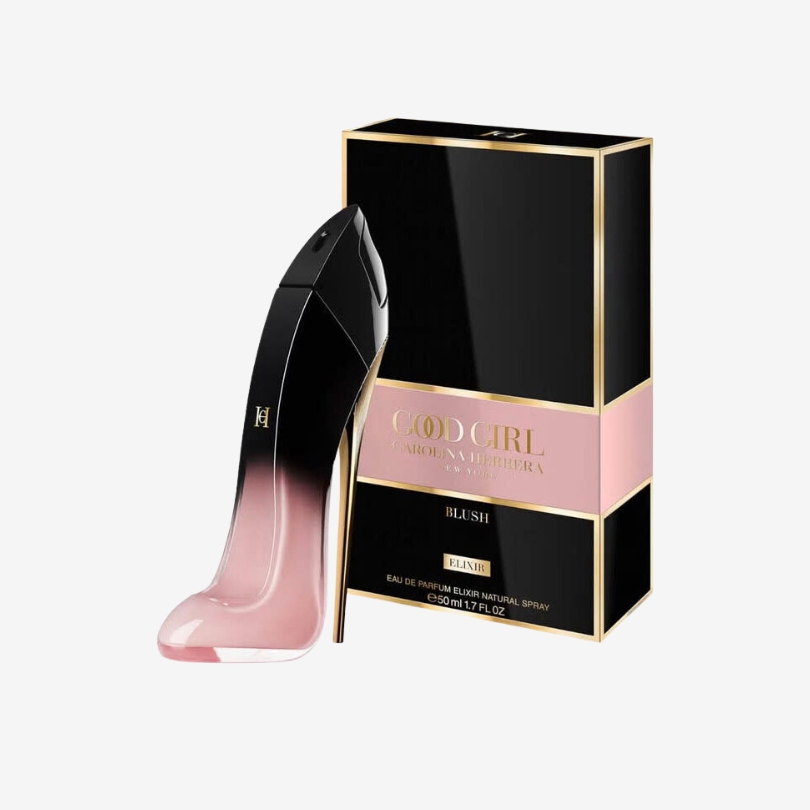 Good Girl Blush Elixir perfume bottle shaped like a deep pink stiletto with gold heel and luxurious design
