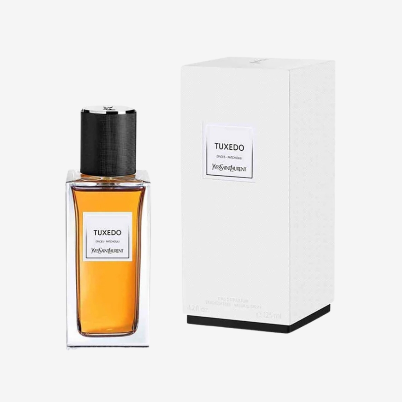 Tuxedo Eau de Parfum bottle by YSL with sleek black label and luxurious minimalist design