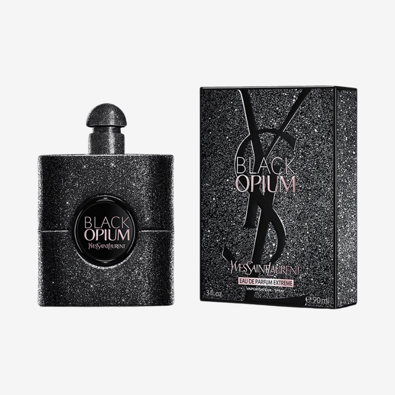 Black Opium Extreme perfume bottle by YSL in black glitter with intense dark glam design