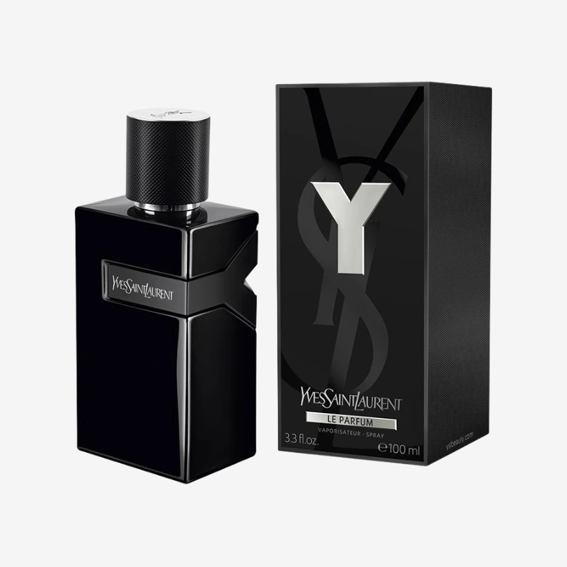 Y Le Parfum bottle by YSL in bold black glass with sleek modern design and silver Y logo