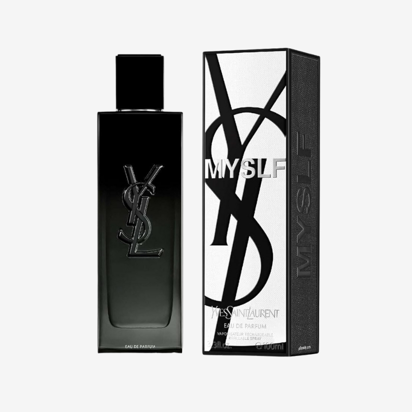 MYSLF Eau de Parfum bottle by YSL with sleek black-to-clear gradient glass and minimalist mode