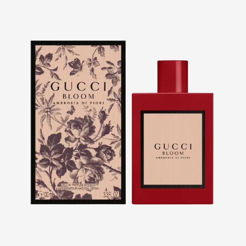 Gucci Bloom Ambrosia di Fiori perfume bottle in deep burgundy with minimalist floral design