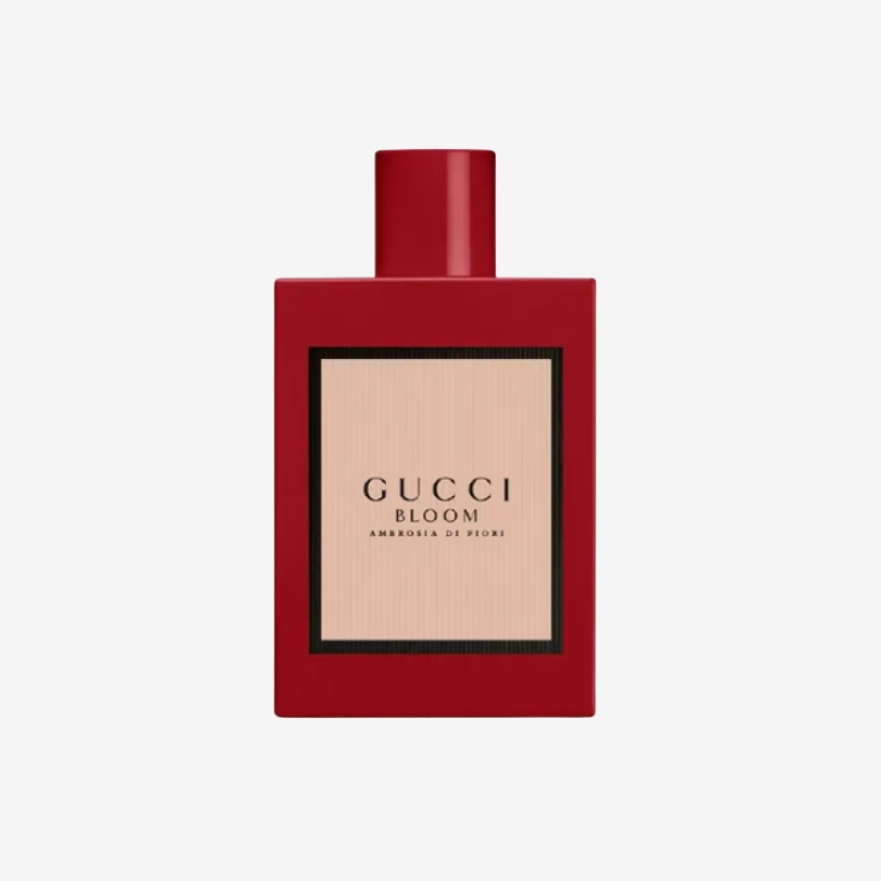 Gucci Bloom Ambrosia di Fiori perfume bottle in deep burgundy with minimalist floral design