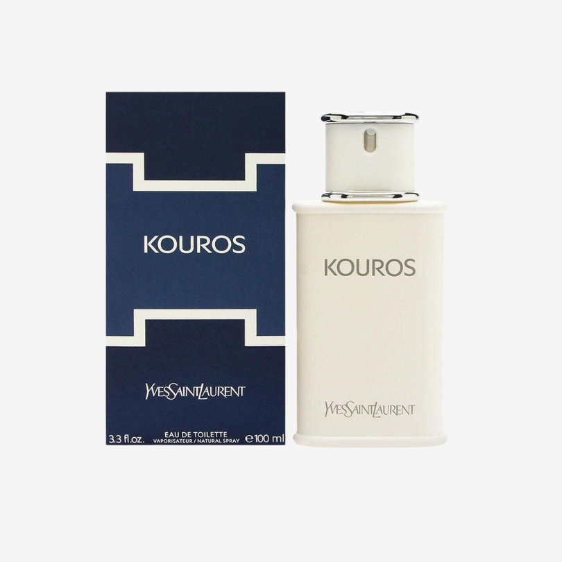 Kouros Eau de Toilette bottle by YSL in classic white design with bold silver cap