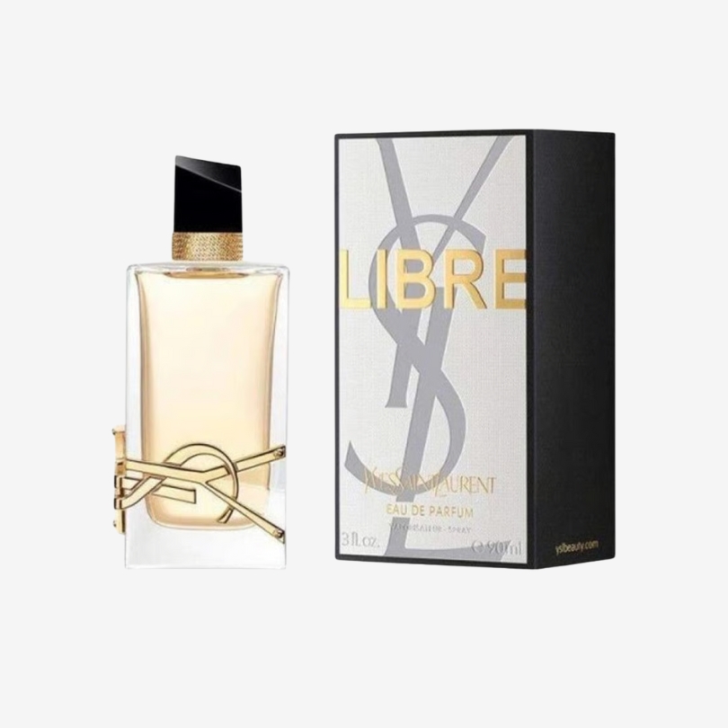 Libre Eau de Parfum bottle by YSL with gold YSL logo and elegant clear glass design