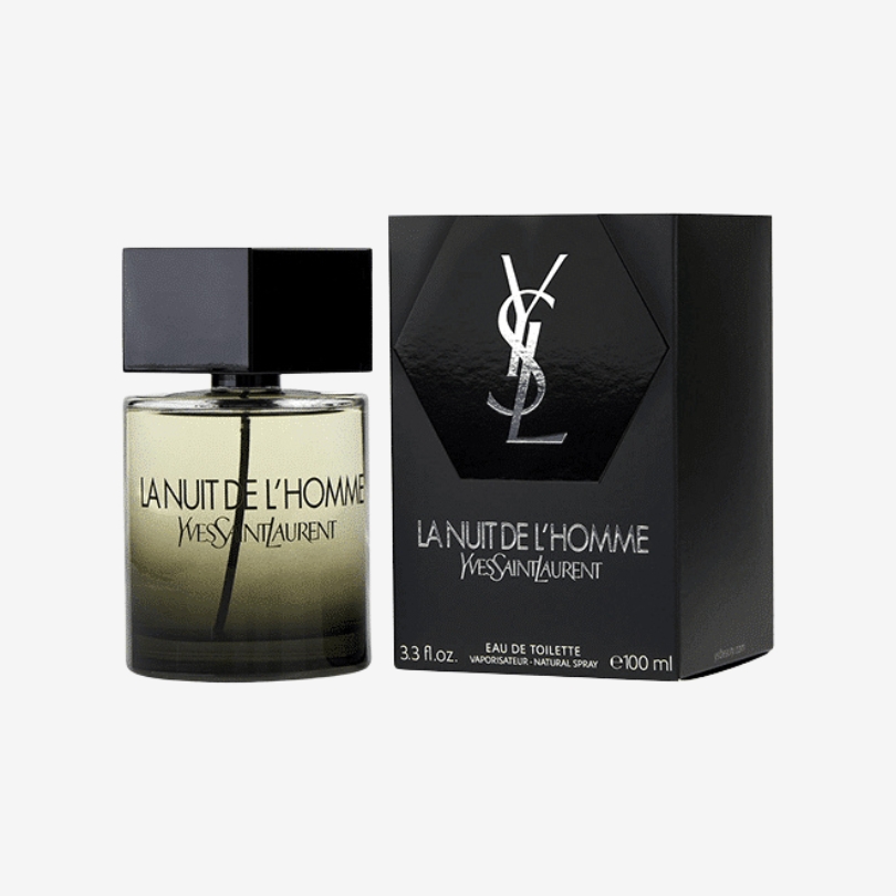 La Nuit De L’Homme Eau de Toilette bottle by YSL with black cap and dark, mysterious glass design