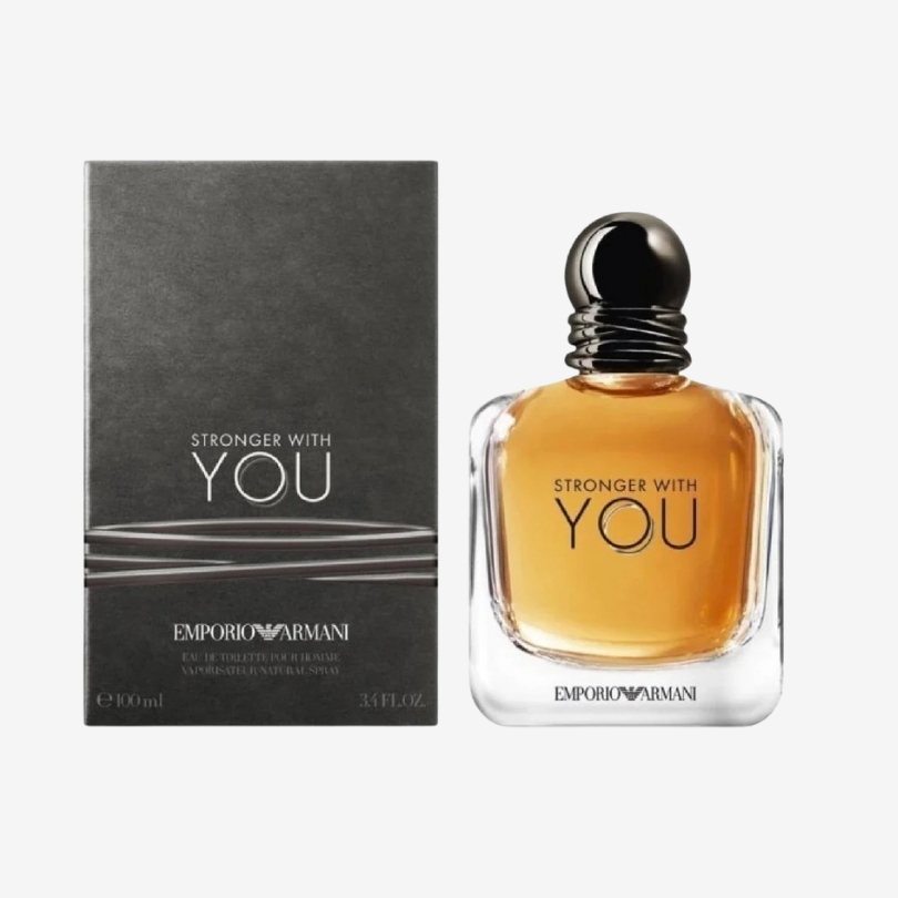 Stronger With You Eau de Toilette bottle by Emporio Armani with sleek rounded glass and dark cap design